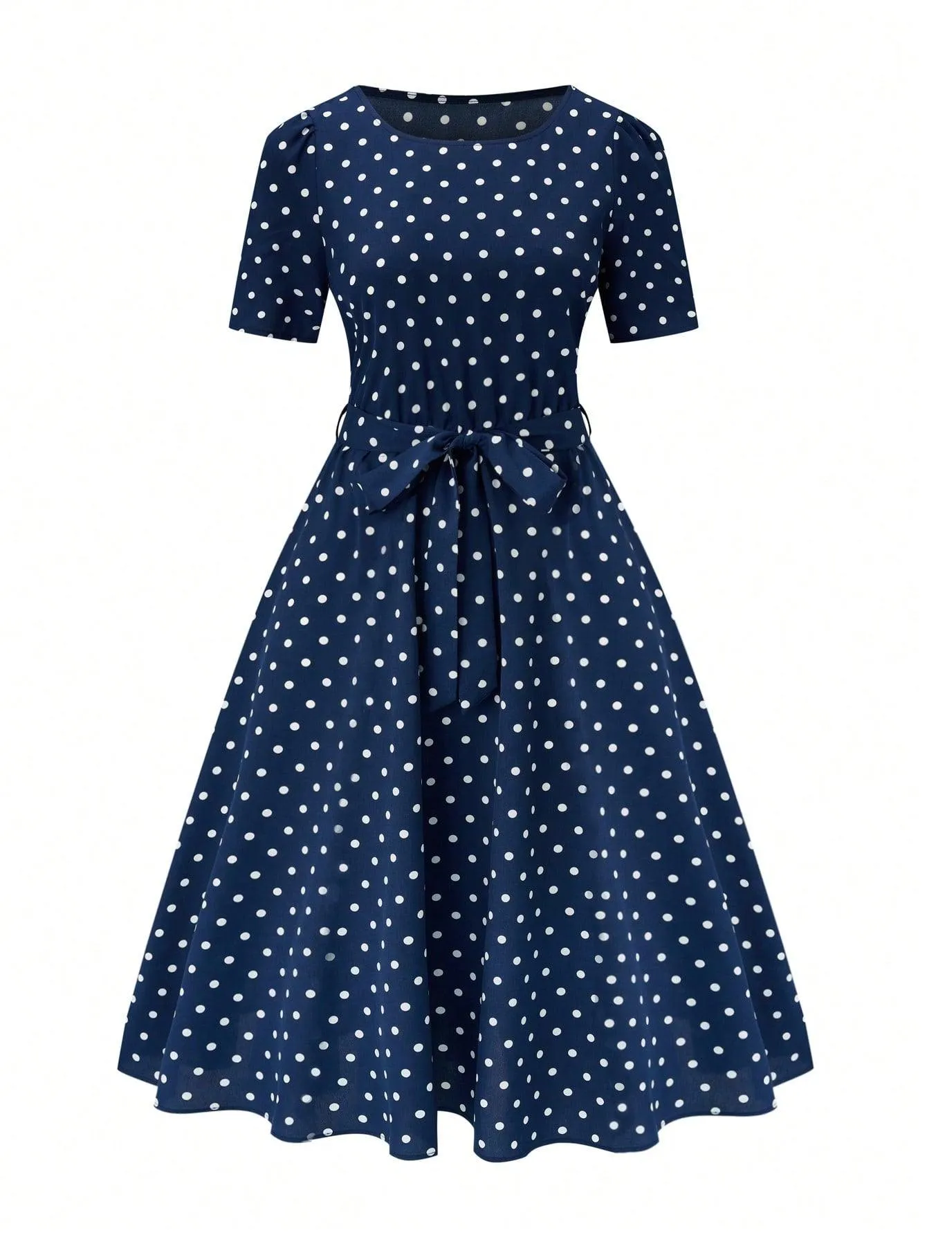Polka Dot Printed Short-Sleeve Flowy Dress