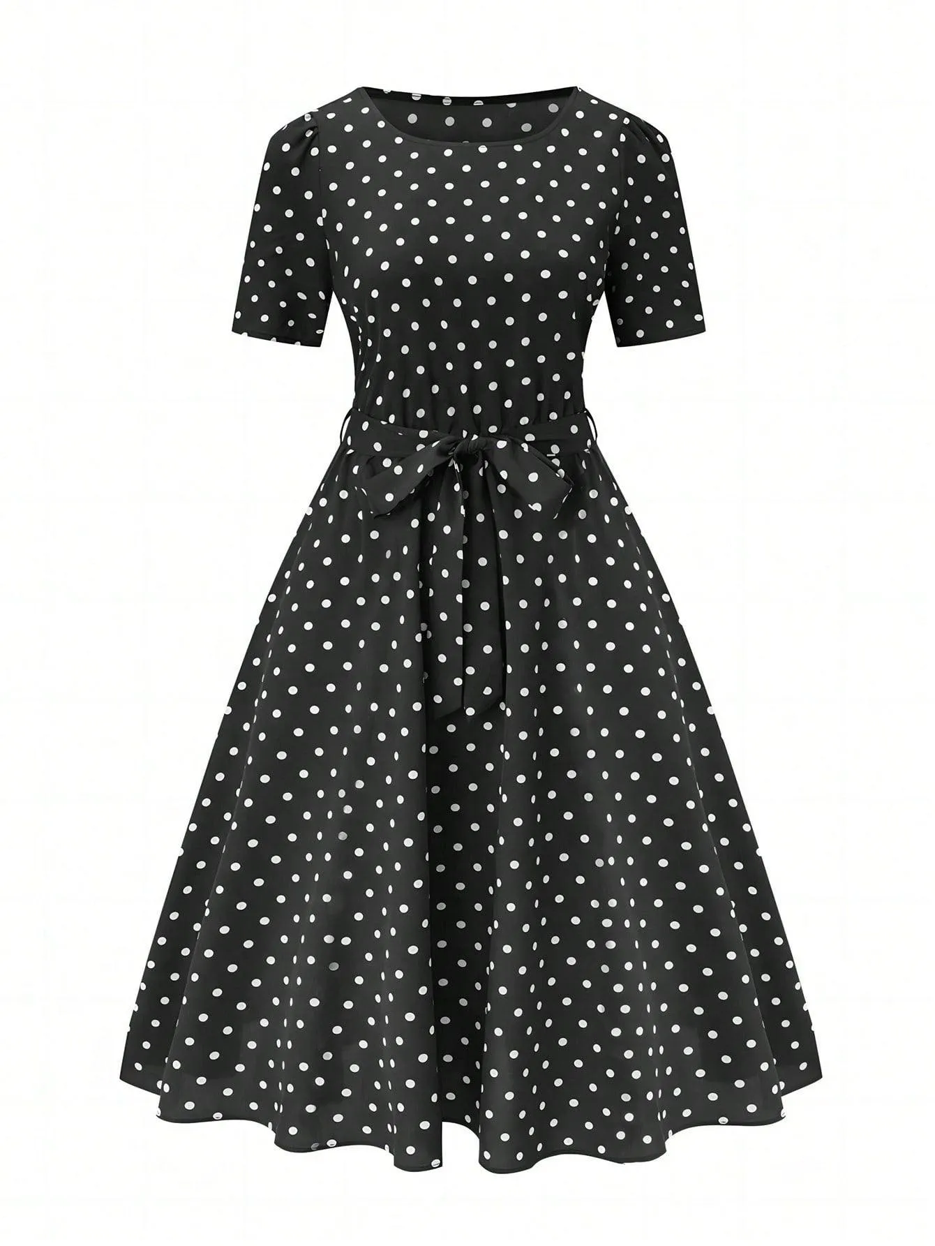 Polka Dot Printed Short-Sleeve Flowy Dress