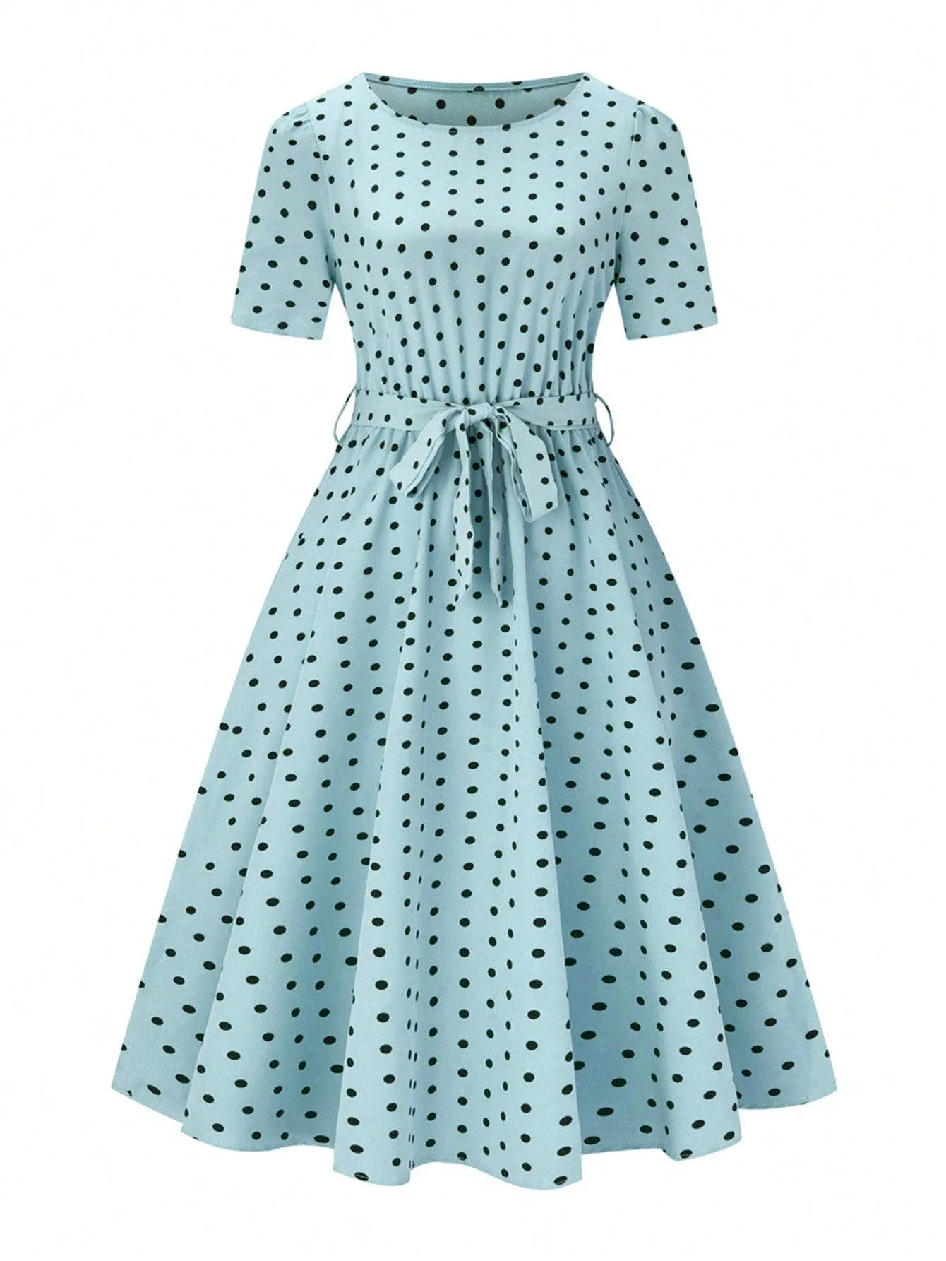 Polka Dot Printed Short-Sleeve Flowy Dress