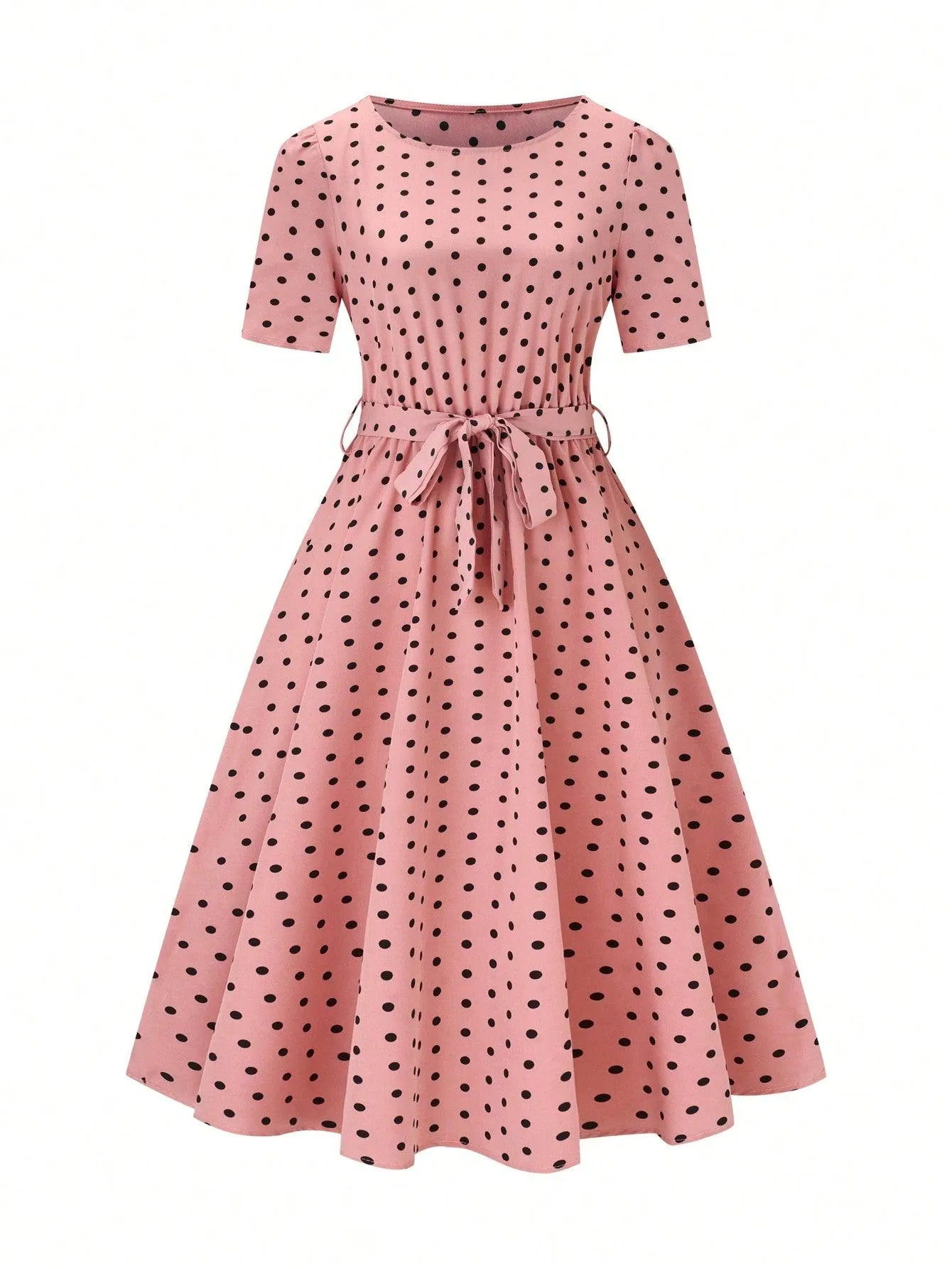 Polka Dot Printed Short-Sleeve Flowy Dress