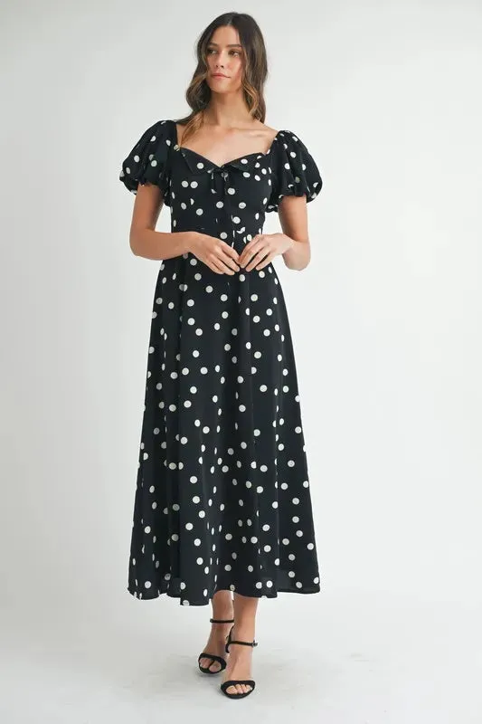 Polka Dot Puff Sleeve Midi Dress: Timeless Elegance for Any Occasion in Black