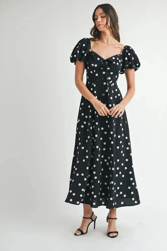 Polka Dot Puff Sleeve Midi Dress: Timeless Elegance for Any Occasion in Black