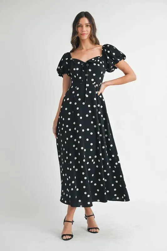 Polka Dot Puff Sleeve Midi Dress: Timeless Elegance for Any Occasion in Black