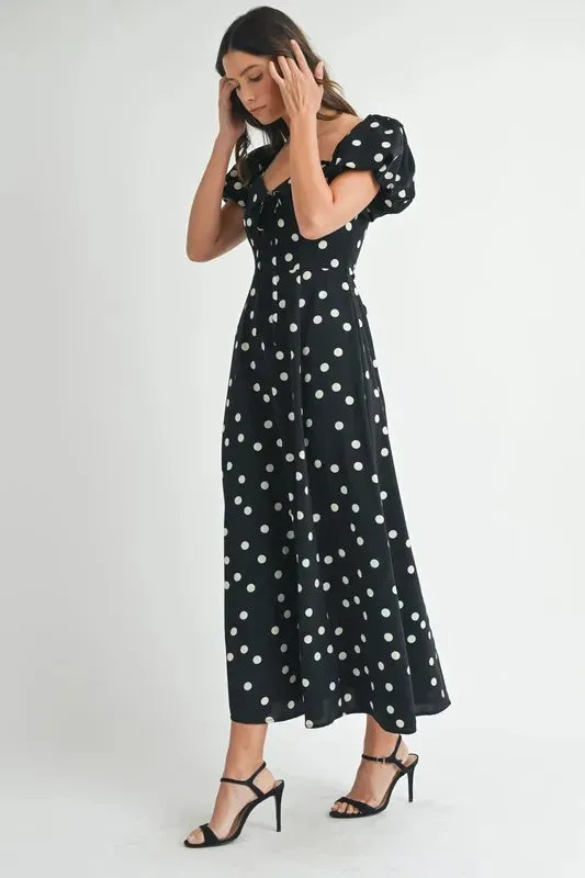 Polka Dot Puff Sleeve Midi Dress: Timeless Elegance for Any Occasion in Black