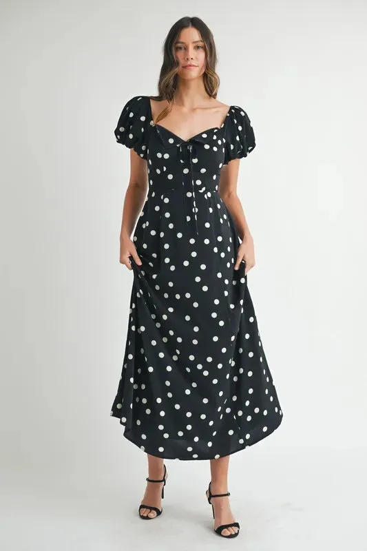 Polka Dot Puff Sleeve Midi Dress: Timeless Elegance for Any Occasion in Black