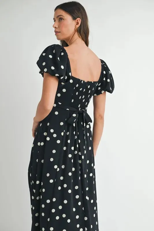 Polka Dot Puff Sleeve Midi Dress: Timeless Elegance for Any Occasion in Black