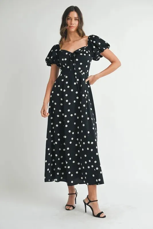 Polka Dot Puff Sleeve Midi Dress: Timeless Elegance for Any Occasion in Black