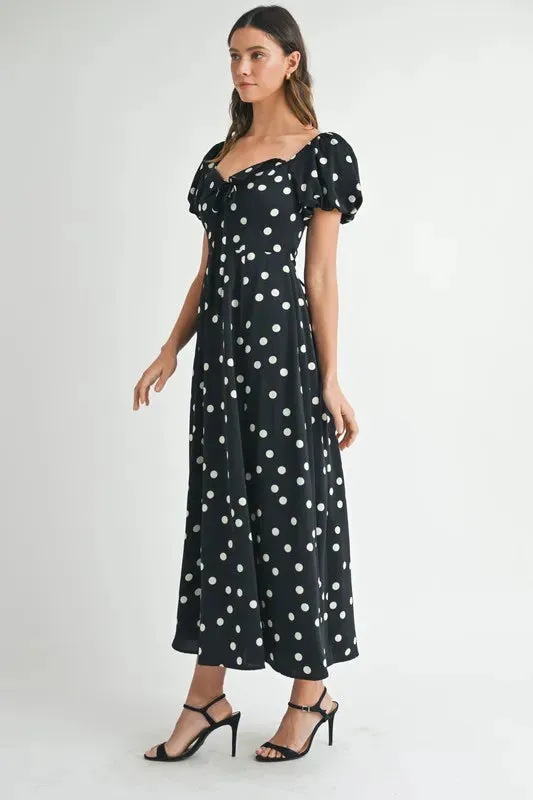 Polka Dot Puff Sleeve Midi Dress: Timeless Elegance for Any Occasion in Black