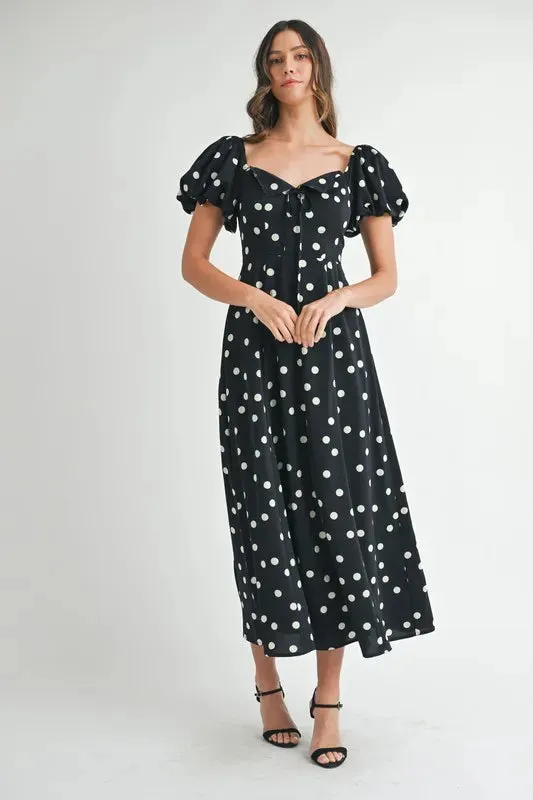 Polka Dot Puff Sleeve Midi Dress: Timeless Elegance for Any Occasion in Black