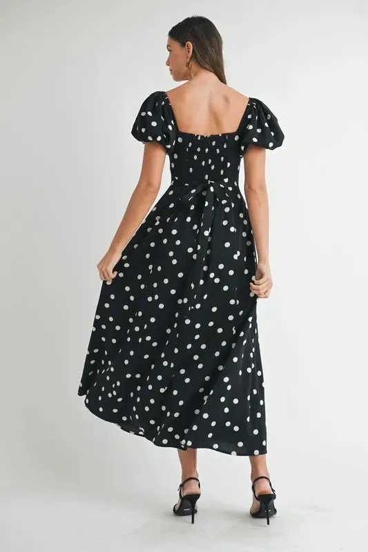 Polka Dot Puff Sleeve Midi Dress: Timeless Elegance for Any Occasion in Black