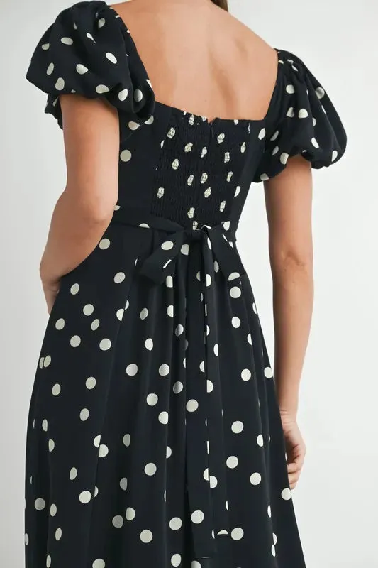 Polka Dot Puff Sleeve Midi Dress: Timeless Elegance for Any Occasion in Black