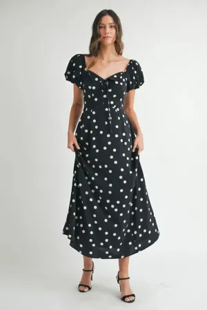 Polka Dot Puff Sleeve Midi Dress: Timeless Elegance for Any Occasion in Black