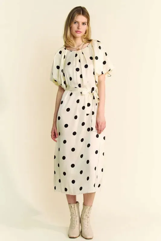 Polka Dot Puff Sleeve Waist Tie Midi Dress – Elegant & Versatile
