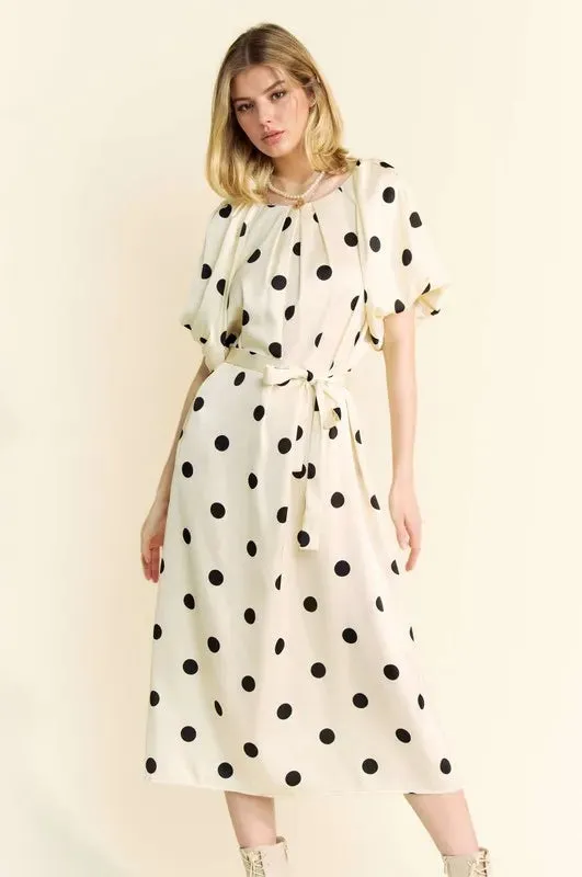 Polka Dot Puff Sleeve Waist Tie Midi Dress – Elegant & Versatile