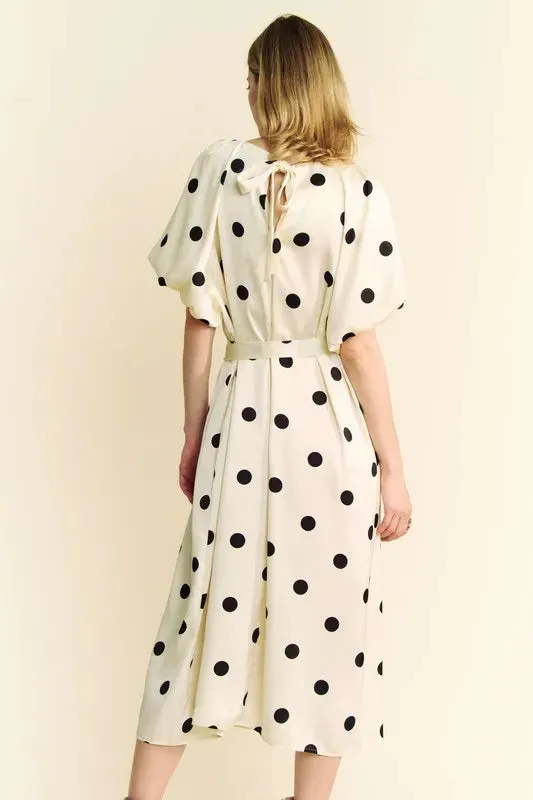 Polka Dot Puff Sleeve Waist Tie Midi Dress – Elegant & Versatile