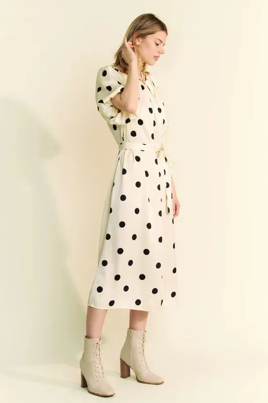 Polka Dot Puff Sleeve Waist Tie Midi Dress – Elegant & Versatile