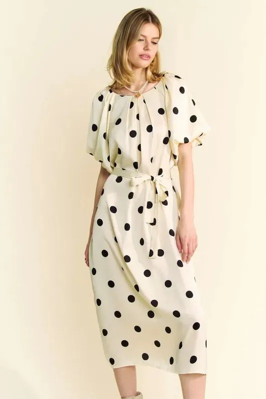 Polka Dot Puff Sleeve Waist Tie Midi Dress – Elegant & Versatile