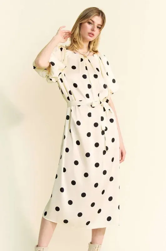 Polka Dot Puff Sleeve Waist Tie Midi Dress – Elegant & Versatile