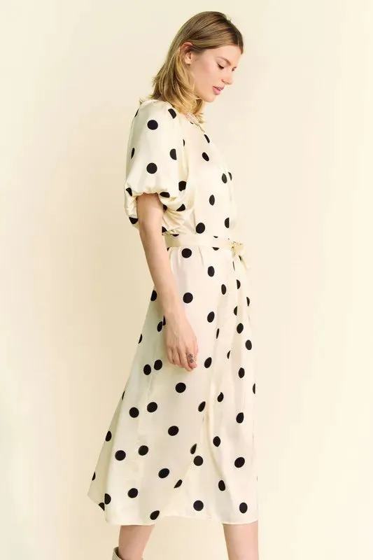 Polka Dot Puff Sleeve Waist Tie Midi Dress – Elegant & Versatile