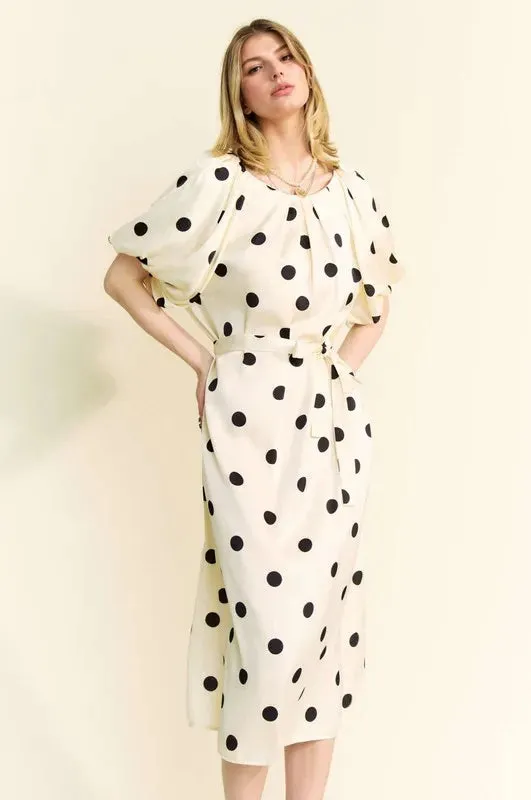 Polka Dot Puff Sleeve Waist Tie Midi Dress – Elegant & Versatile