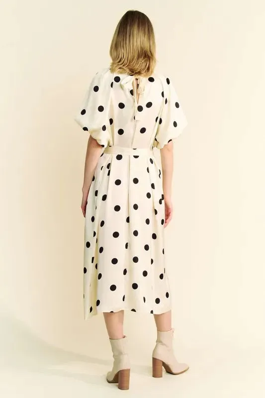 Polka Dot Puff Sleeve Waist Tie Midi Dress – Elegant & Versatile