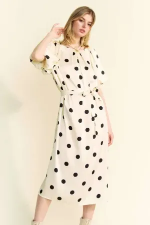 Polka Dot Puff Sleeve Waist Tie Midi Dress – Elegant & Versatile