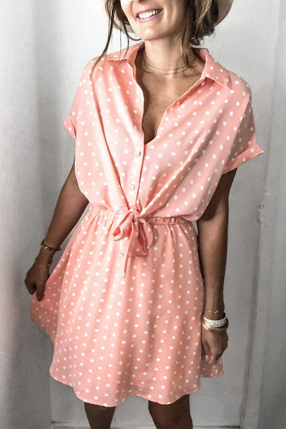 Polka Dot Shirt Collar Short Sleeve Mini Dress