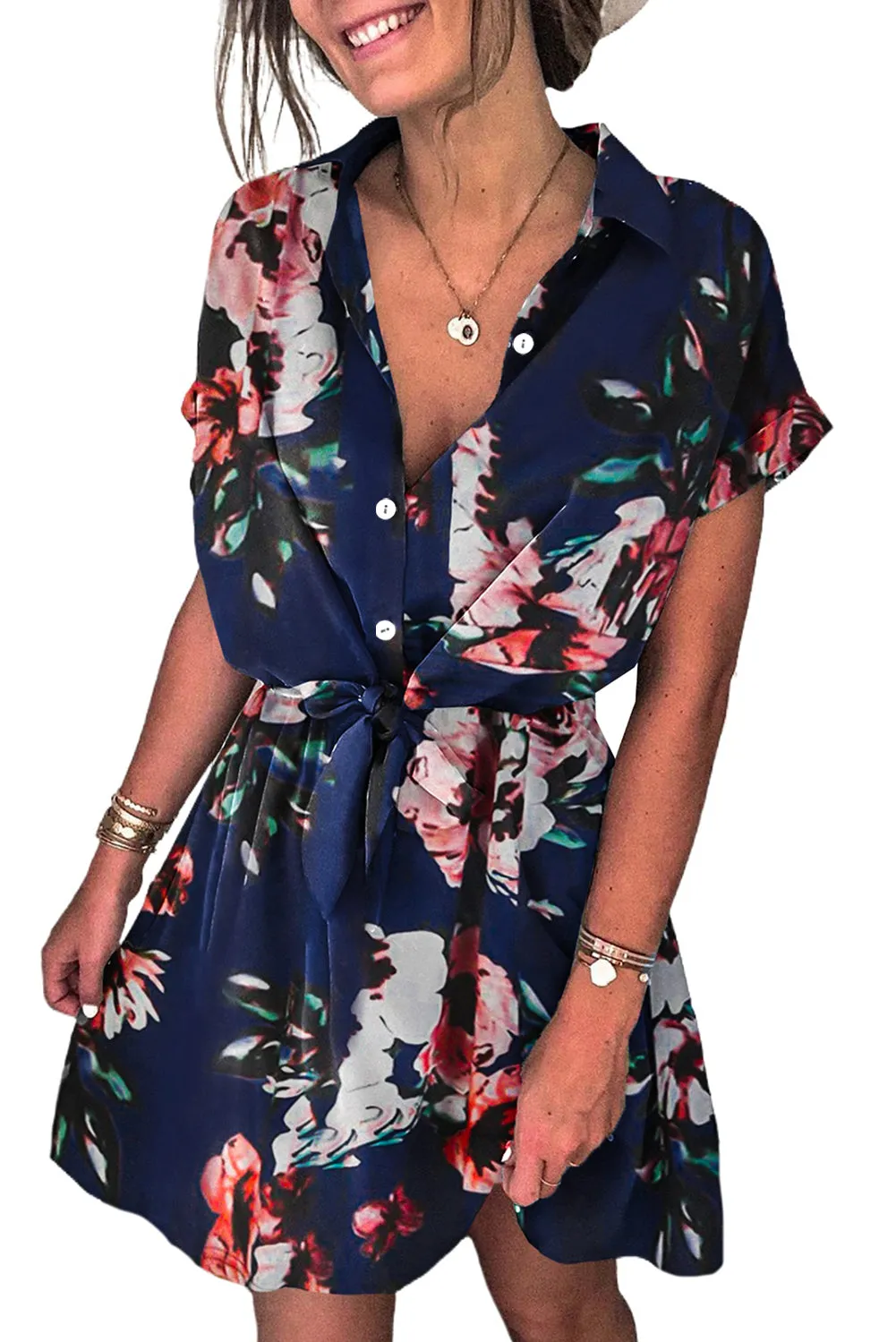Polka Dot Shirt Collar Short Sleeve Mini Dress