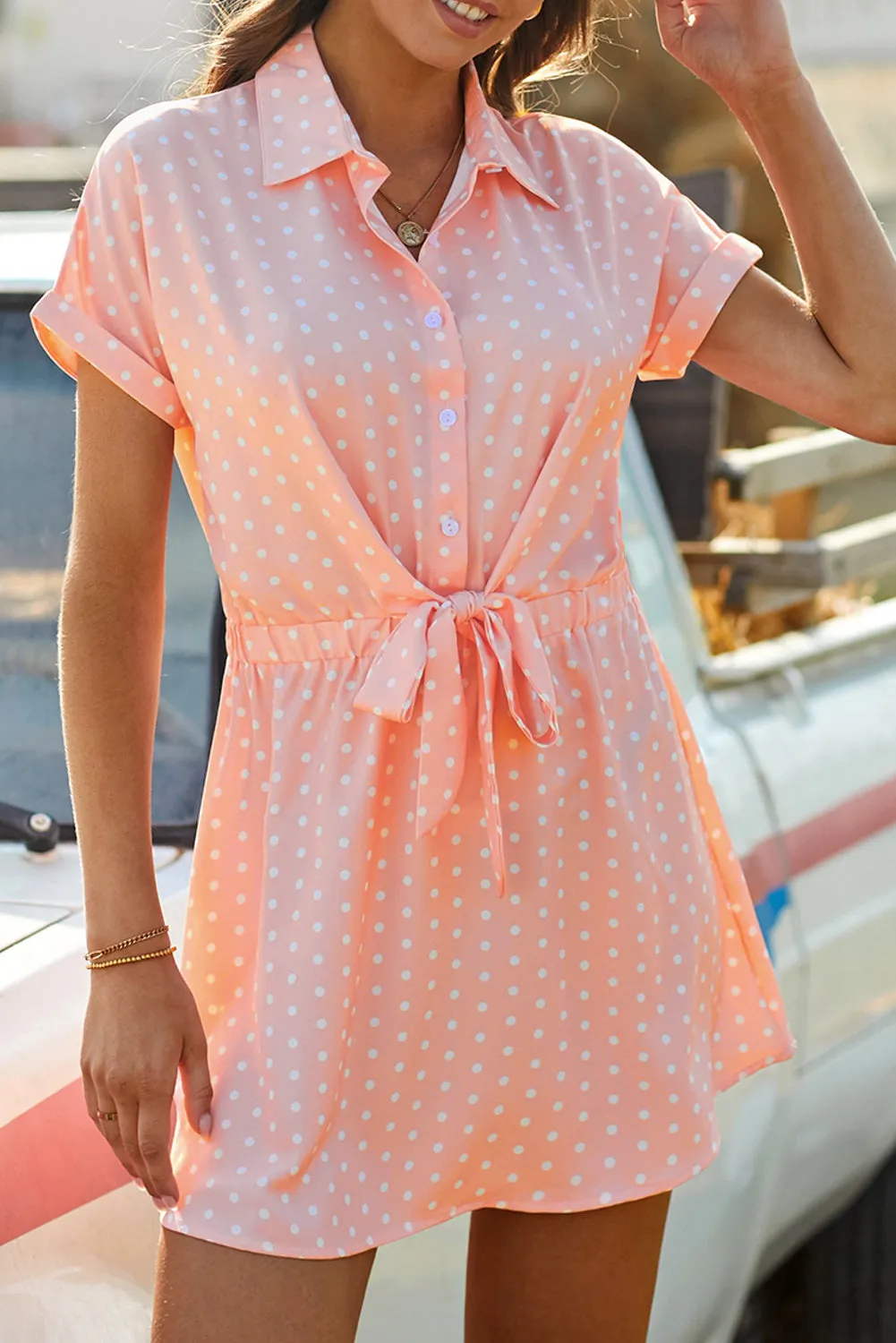 Polka Dot Shirt Collar Short Sleeve Mini Dress