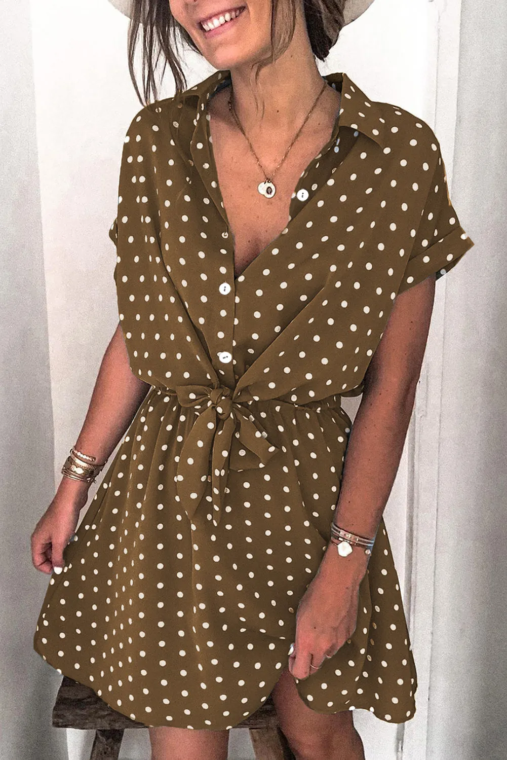 Polka Dot Shirt Collar Short Sleeve Mini Dress