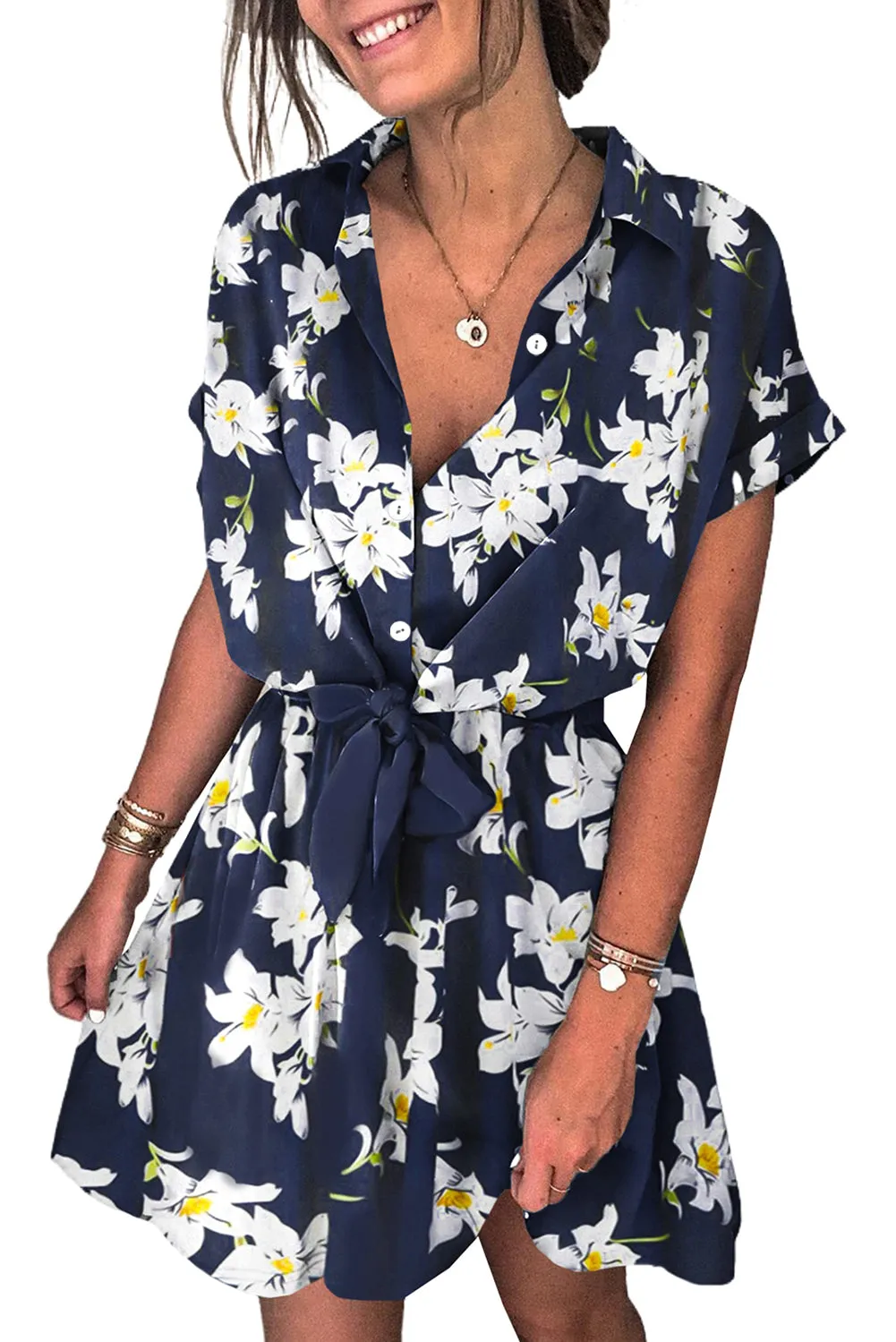 Polka Dot Shirt Collar Short Sleeve Mini Dress