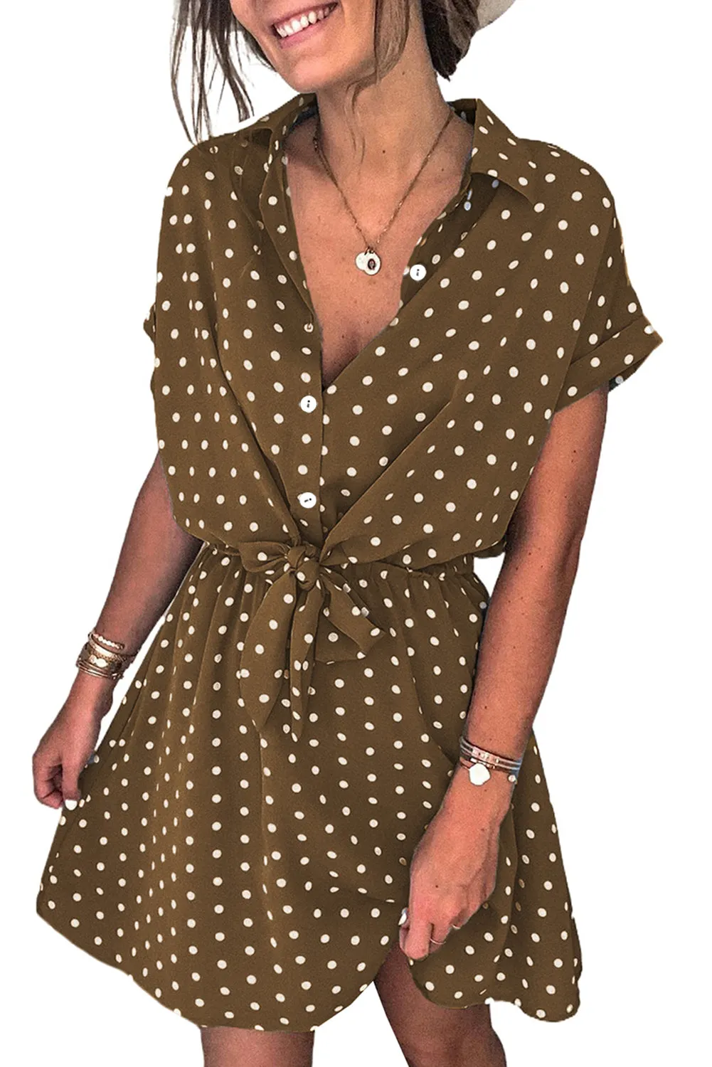 Polka Dot Shirt Collar Short Sleeve Mini Dress