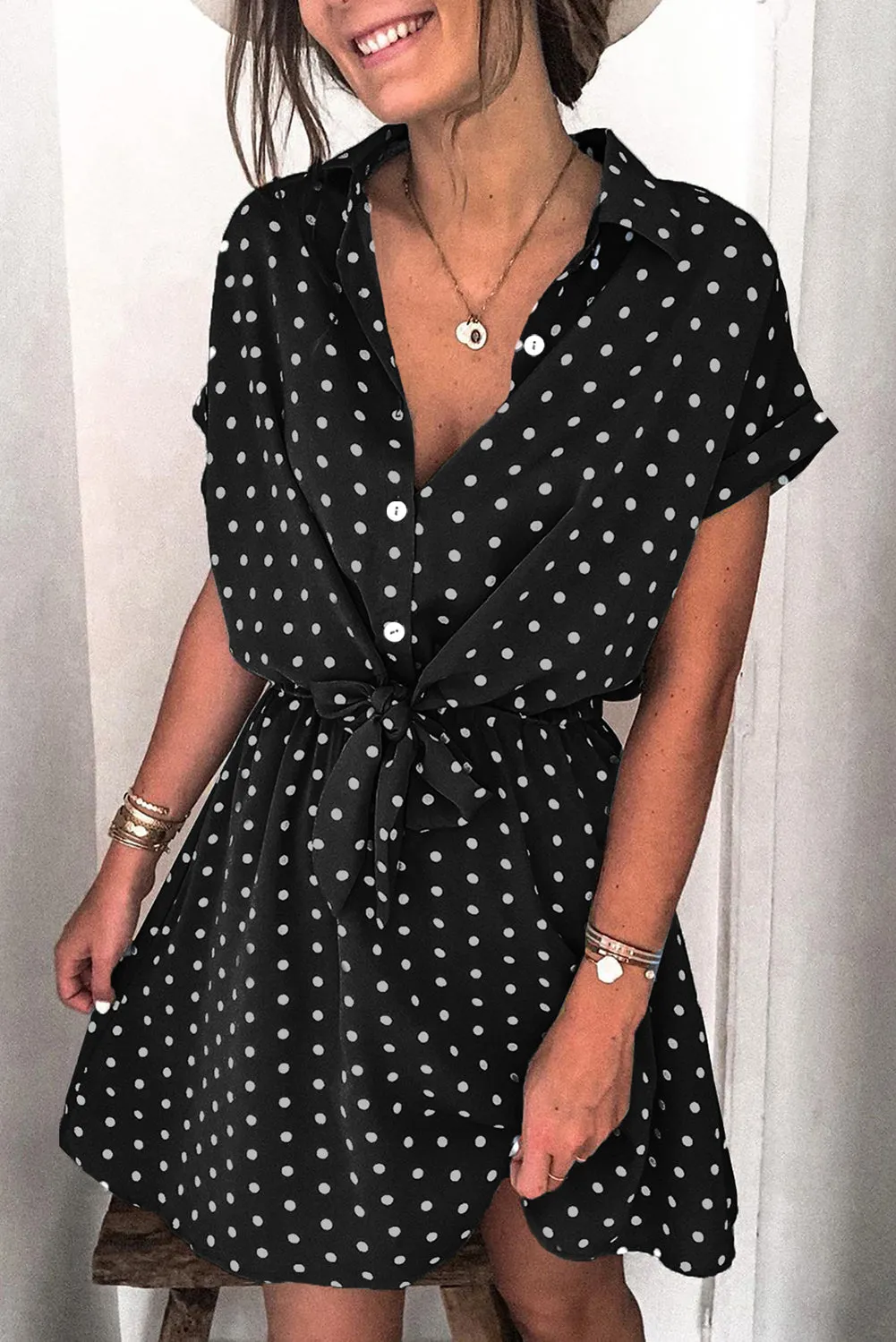 Polka Dot Shirt Collar Short Sleeve Mini Dress