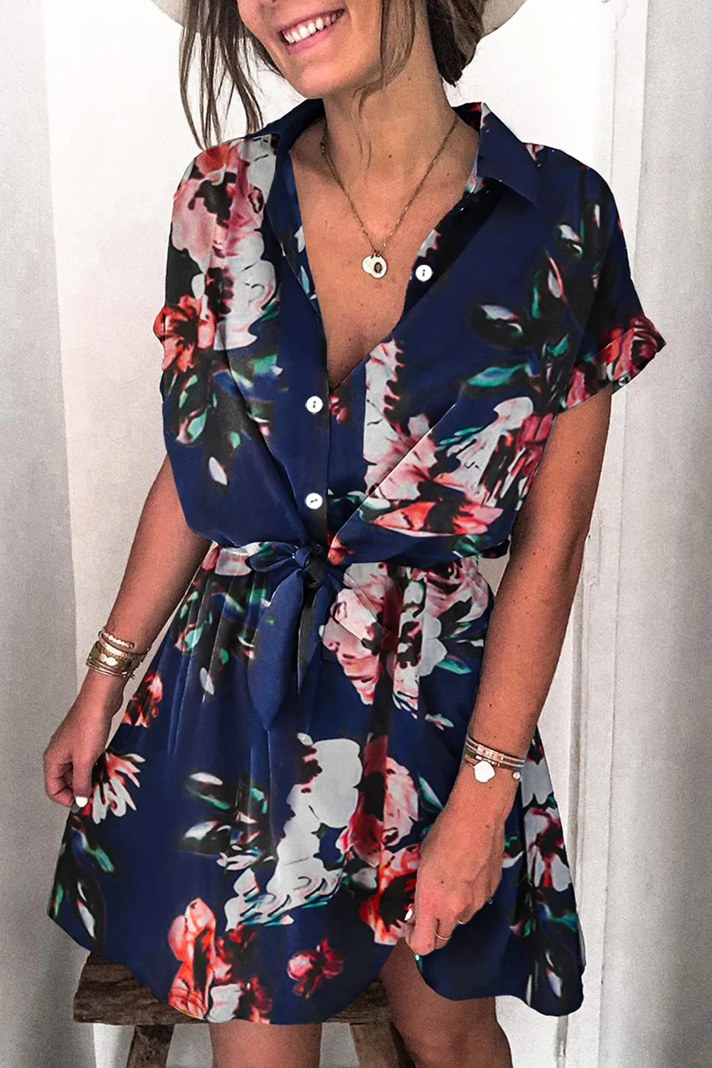 Polka Dot Shirt Collar Short Sleeve Mini Dress