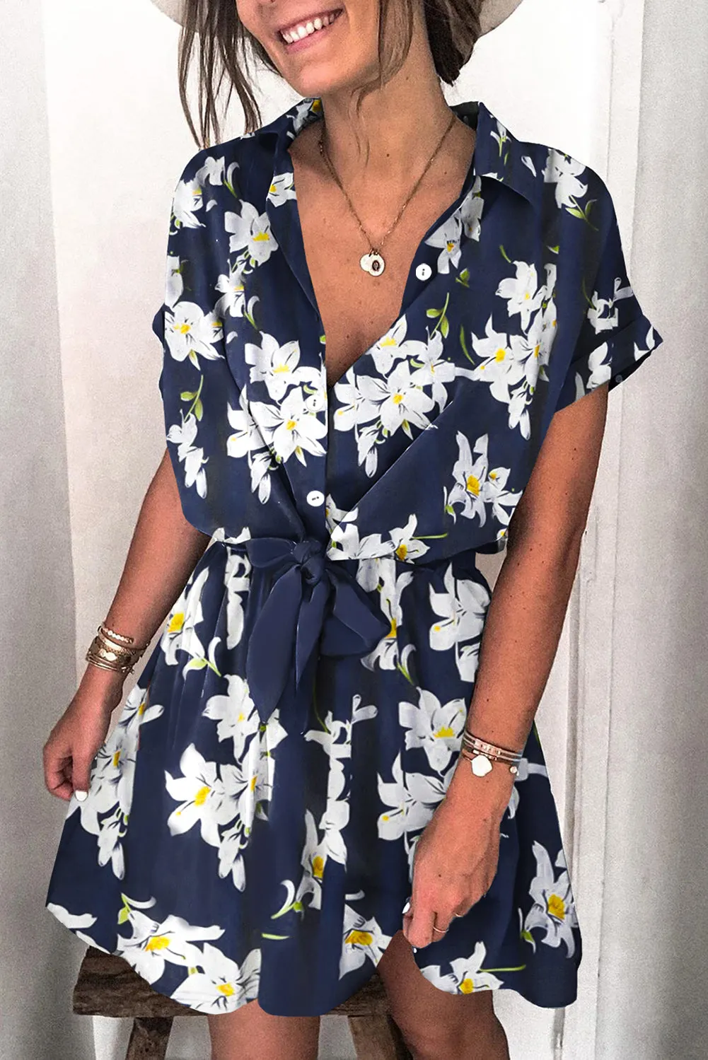 Polka Dot Shirt Collar Short Sleeve Mini Dress
