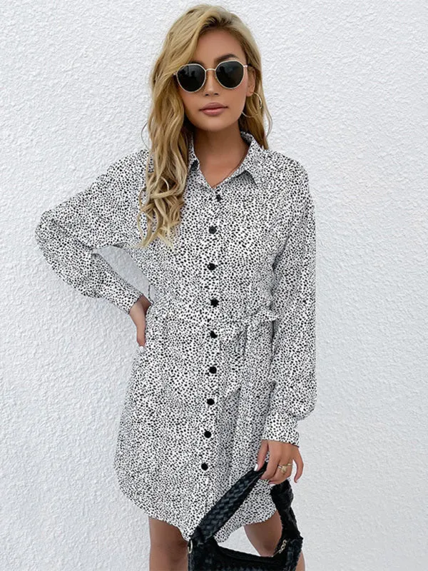 Polka Dot Shirt Dress with Button-Down Front and Tie Waist