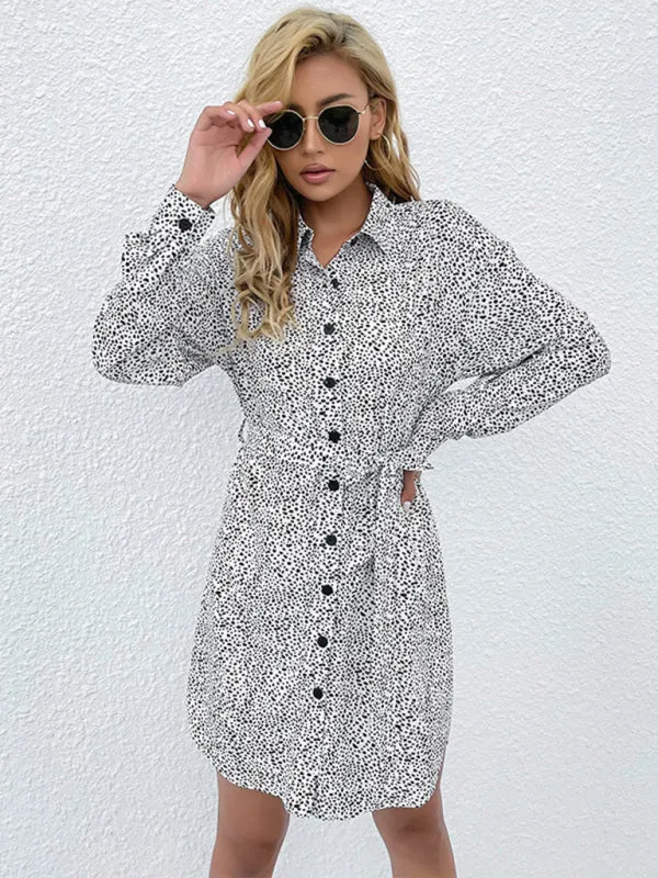 Polka Dot Shirt Dress with Button-Down Front and Tie Waist