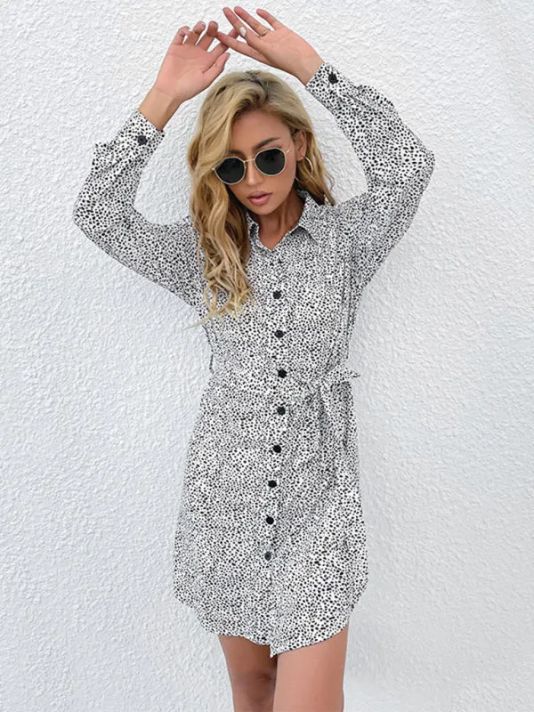 Polka Dot Shirt Dress with Button-Down Front and Tie Waist
