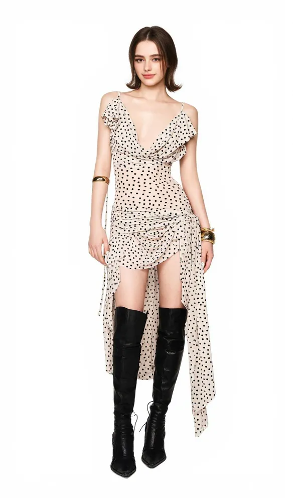 Polka dot sleeveless irregular hem midi dress in apricot