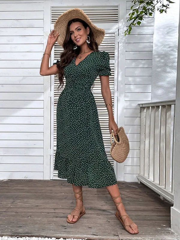 Polka Dot V-Neck Mid-Length Dress with Puff Sleeves