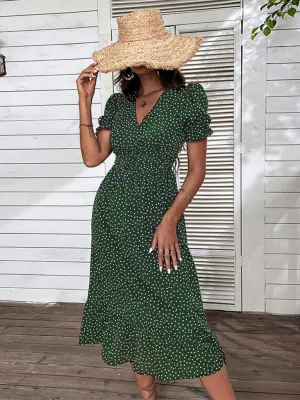 Polka Dot V-Neck Mid-Length Dress with Puff Sleeves
