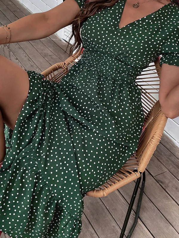 Polka Dot V-Neck Mid-Length Dress with Puff Sleeves