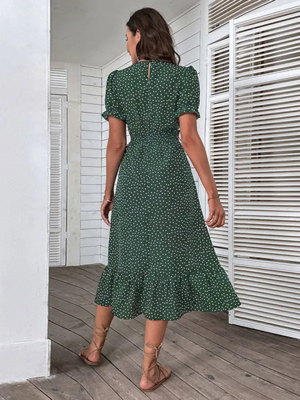 Polka Dot V-Neck Mid-Length Dress with Puff Sleeves