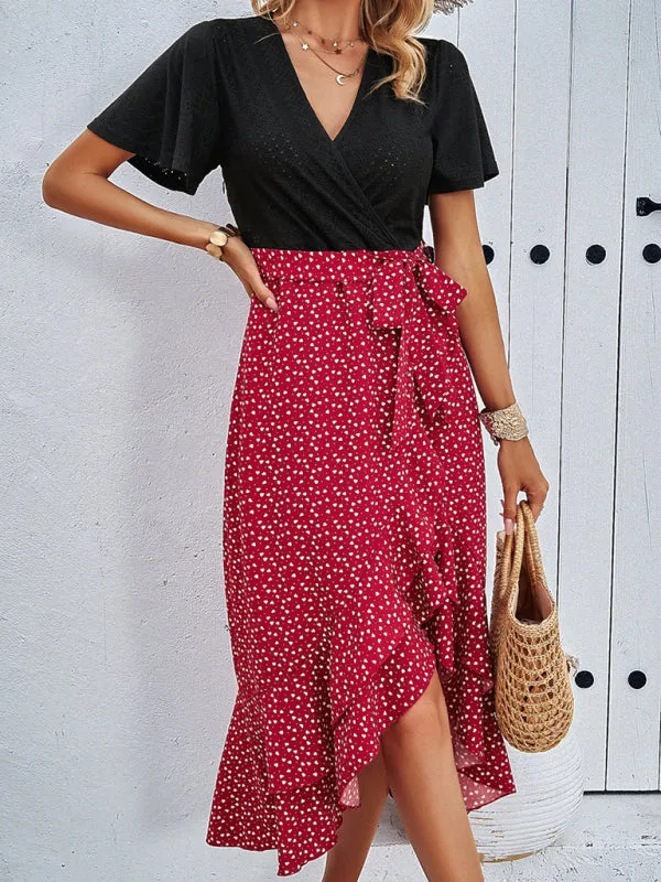 Polka Dot V-neck Midi Dress with Belted Waist and Ruffle Skirt