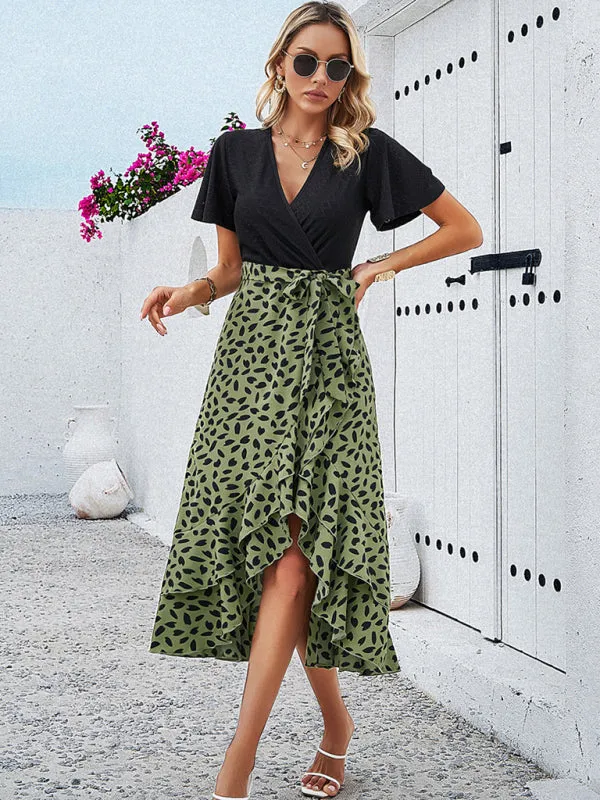 Polka Dot V-neck Midi Dress with Belted Waist and Ruffle Skirt