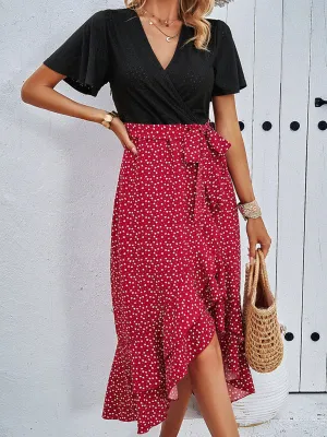 Polka Dot V-neck Midi Dress with Belted Waist and Ruffle Skirt
