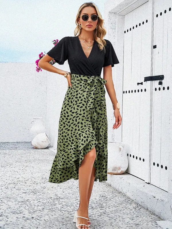 Polka Dot V-neck Midi Dress with Belted Waist and Ruffle Skirt