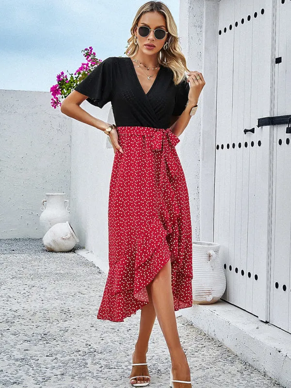 Polka Dot V-neck Midi Dress with Belted Waist and Ruffle Skirt