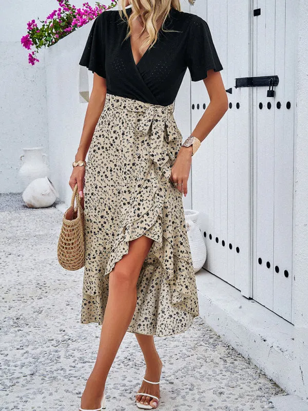 Polka Dot V-neck Midi Dress with Belted Waist and Ruffle Skirt