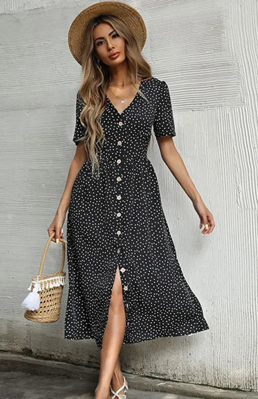 Polka Dot V-Neck Midi Dress with Button-Down Front